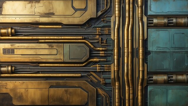 Gold and teal panels with pipes and wires