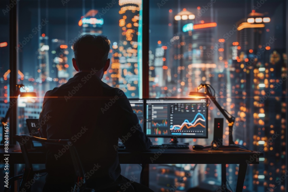 Poster a person sitting at a desk with a computer, likely working or studying