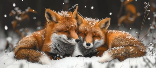 Obraz premium Two Red Foxes Huddle Together in the Snow