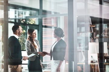 Business people, new job or handshake for interview success in office for real estate agent...