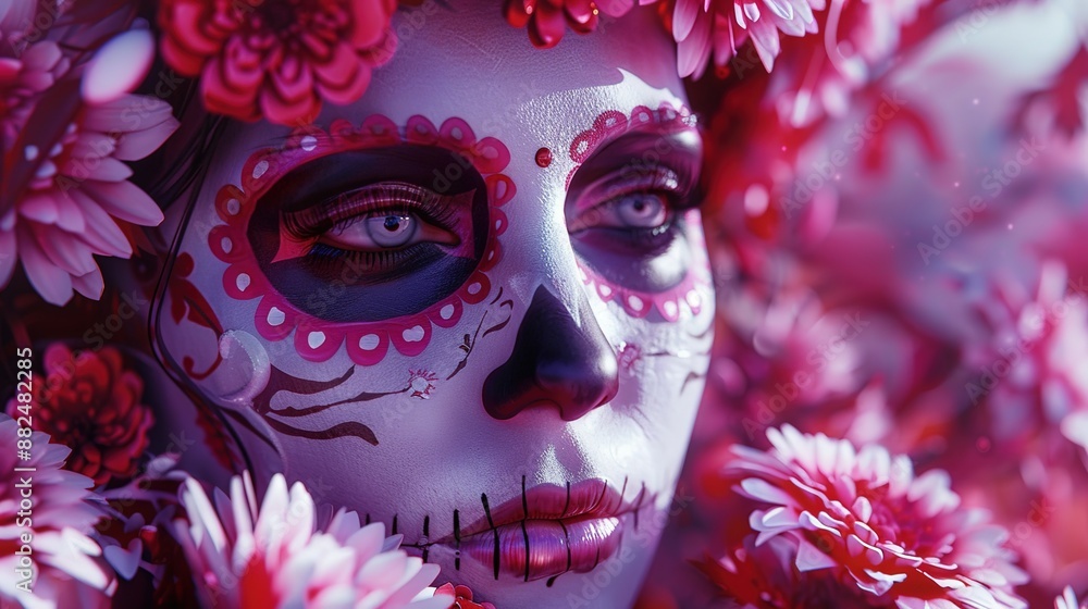 Poster dia de los muertos, mexican holiday of the dead and halloween. woman with sugar skull make up and fl