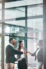 Business people, new job or handshake for interview in office for property agent or partnership....