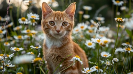 cute ginger cat sits in daisy flowers