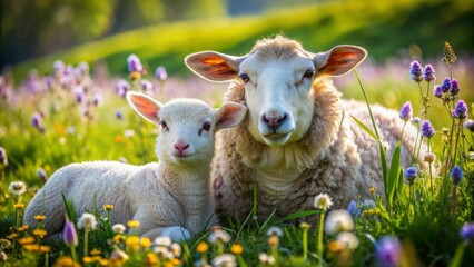 Obraz premium Adorable lamb nestles close to mother sheep in lush green meadow surrounded by blooming wildflowers on a sunny afternoon.