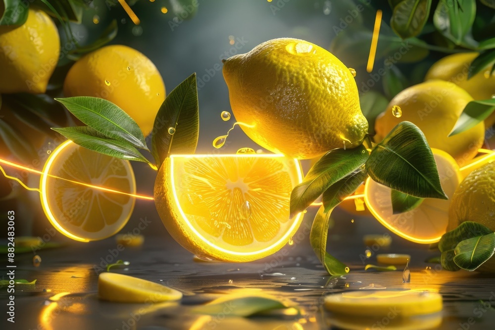 Poster a collection of lemons arranged on a table, suitable for use in still life photography or as a prop 