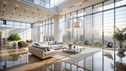 Fototapeta premium Minimalist, sleek, modern, white, airy, expansive, empty, corporate, neutral, high-ceiling, glass, window, abstract, blurred, subtle, calm, sophisticated, ideal.