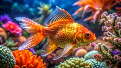 Vibrant orange goldfish with shimmering scales and playful expression swims curiously around colorful coral and seaweed in aquarium environment.