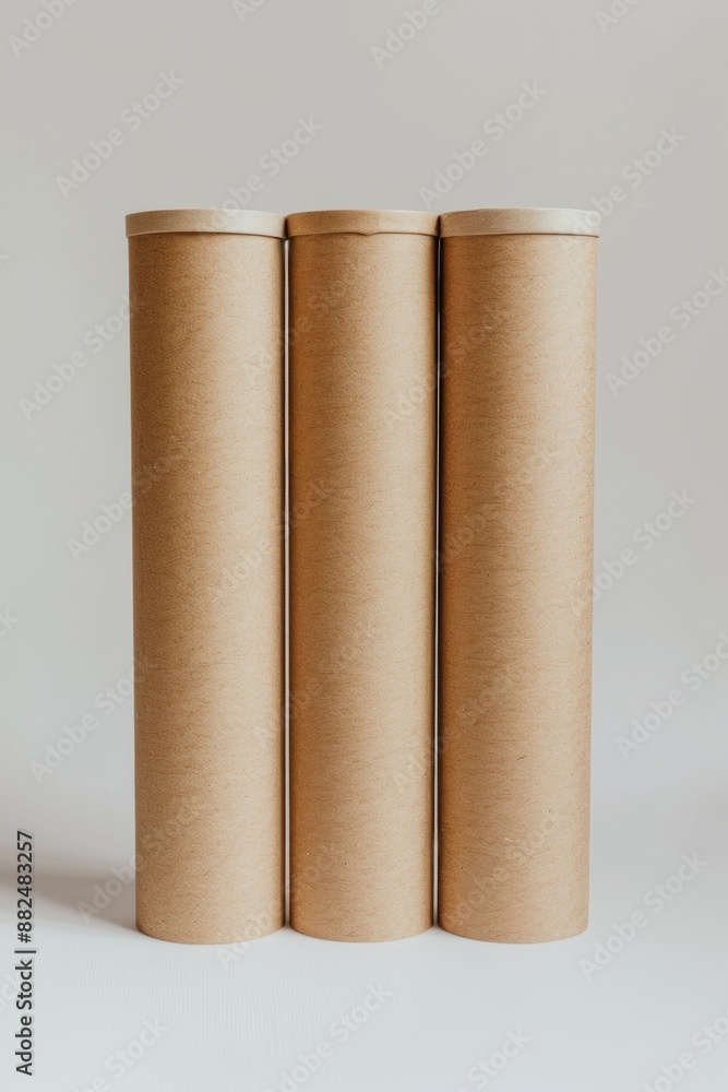 Poster three cardboard tubes placed side by side on a flat surface, suitable for use as props or set dressi