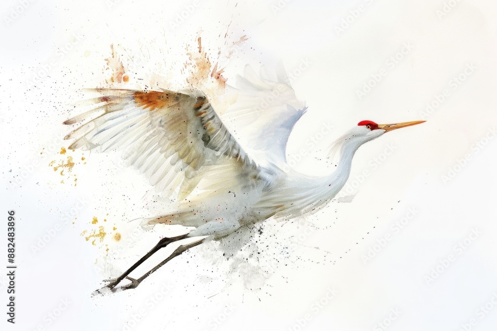 Aufkleber a small white bird with a distinctive red beak is seen in mid-air, its wings spread as it soars thro