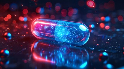 Smart digital pill or capsule on glowing blue and red background. Future Healthcare, Pharmaceutical and scientific medical technology concept.
