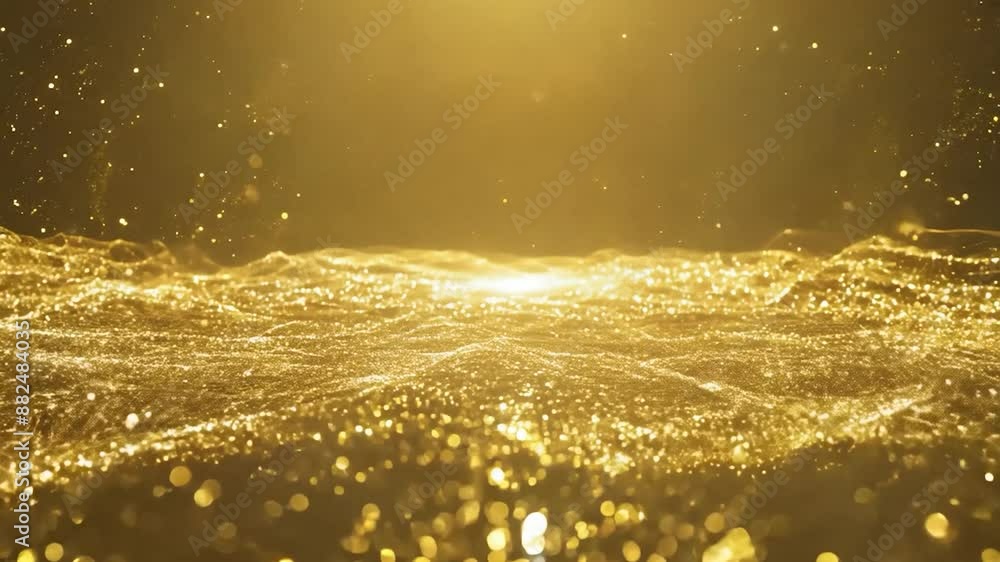 Poster golden particles swirling and creating abstract shapes with a magical bokeh effect. perfect for luxu