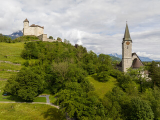 Gutenberg Castle - Medieval Burg in town of Balzers, Principality of Liechtenstein. Aerial...