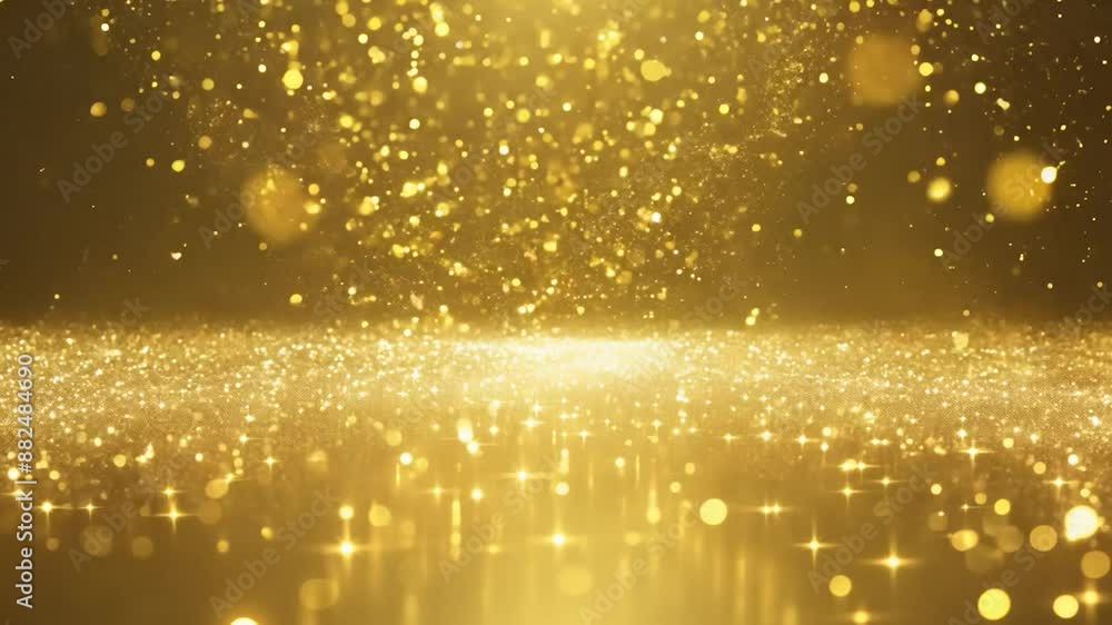 Poster golden particles fall gracefully on black, creating a mesmerizing bokeh effect. perfect for festive 