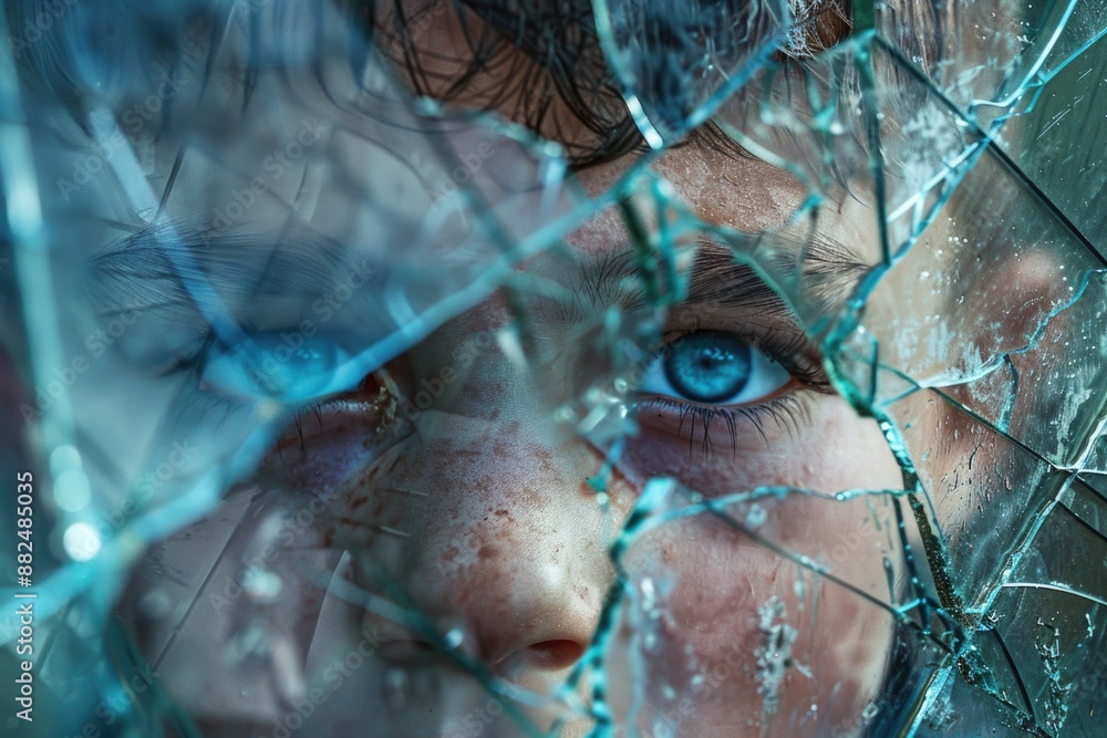 Poster A person peering through a shattered window, possibly searching for something or someone