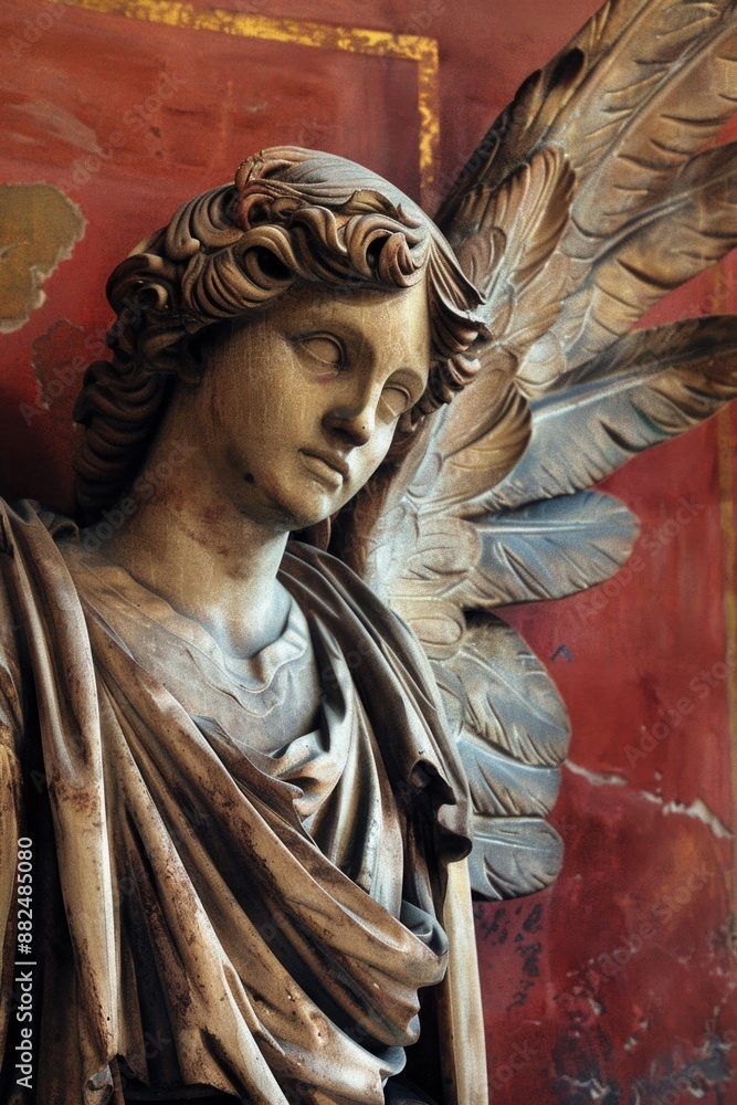 Poster a detailed view of an angel's face, with intricate features and expression