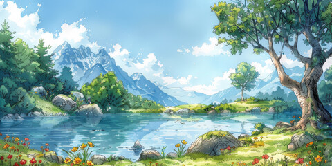 Naklejka premium 新緑の草原の背景イラスト