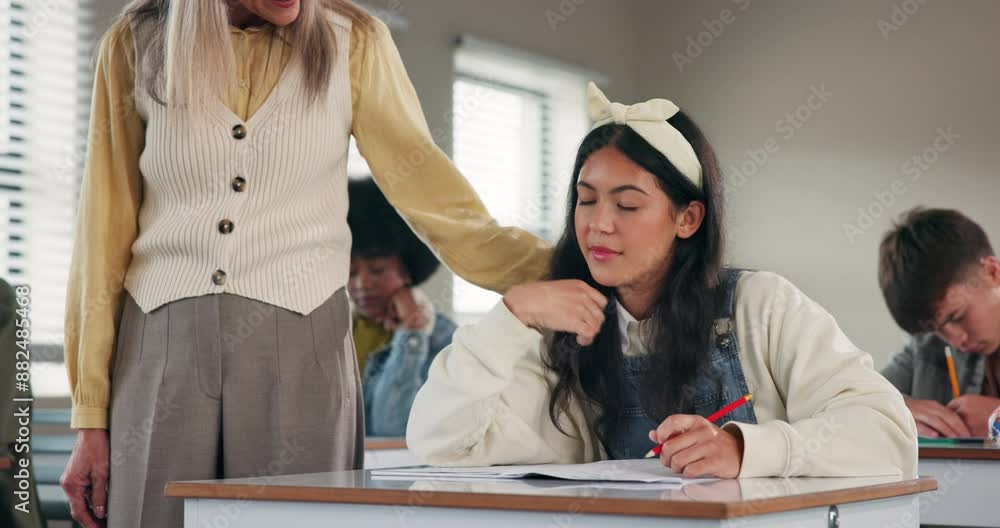 Poster education, exhausted and wake up with girl student in class for development, learning or study. book