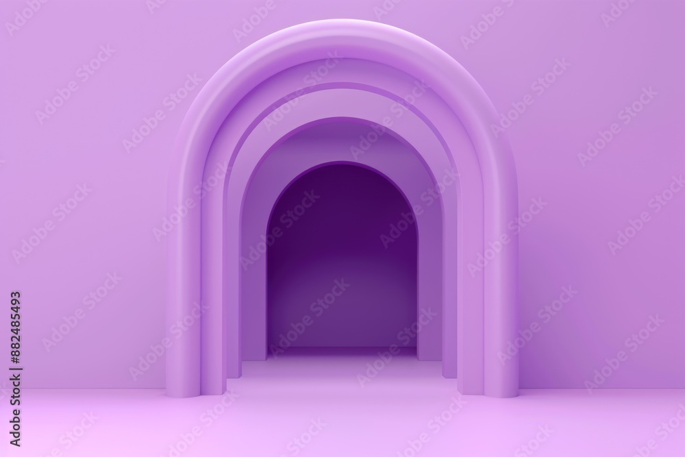 Poster a minimalist interior design concept featuring a large empty room with a purple arch as its central 