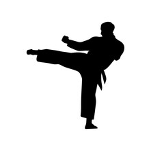 martial arts, silhouette of man kicking with left leg back view vector