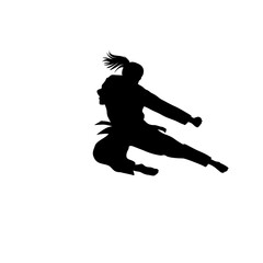 martial arts, female silhouette jumping and kicking vector