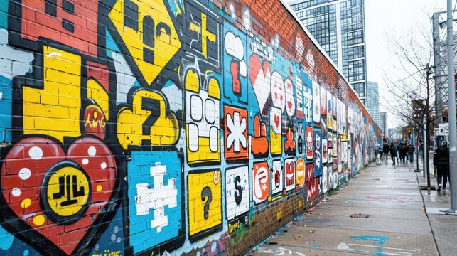 A graffiti-covered brick wall showcasing a mix of gaming symbols and cartoonish figures, blending nostalgic gaming culture with contemporary street art