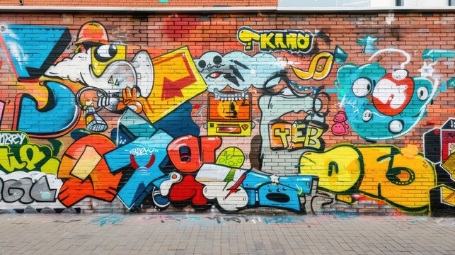 A graffiti-covered brick wall showcasing a mix of gaming symbols and cartoonish figures, blending nostalgic gaming culture with contemporary street art