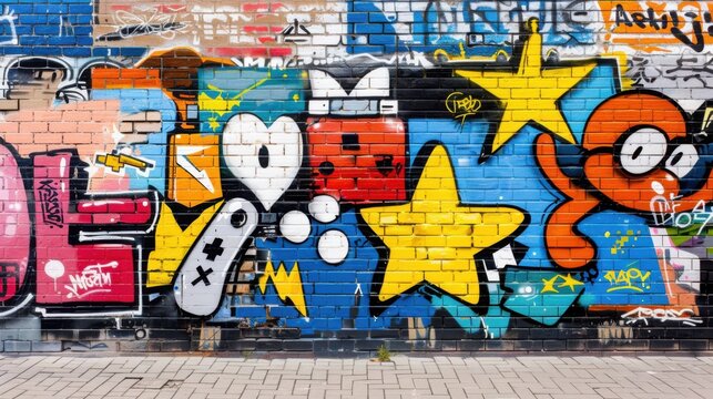 A graffiti-covered brick wall showcasing a mix of gaming symbols and cartoonish figures, blending nostalgic gaming culture with contemporary street art