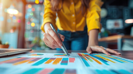 Obraz premium Focused businesswoman in yellow shirt analyzing colorful financial charts on desk in modern, brightly lit office.