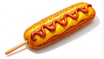 Vibrant yellow and red cartoonish illustration of a delicious corn dog on a white background with detailed textures and shadows.