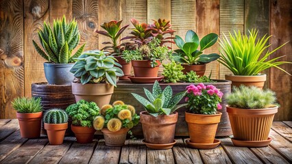 Assorted potted plants with varying textures and colors arranged artfully on a rustic wooden table against a soft background.
