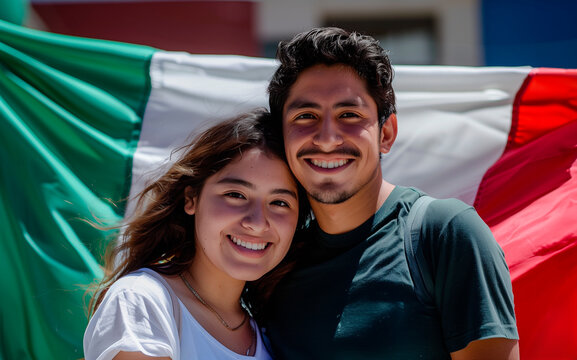 young mexican couple in front of a Mexico flag