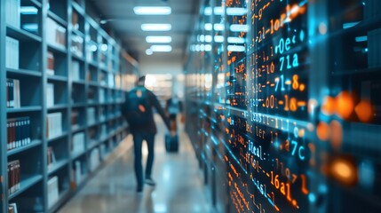 Modern library with digital data overlay, representing information technology and education convergence in a contemporary learning environment.