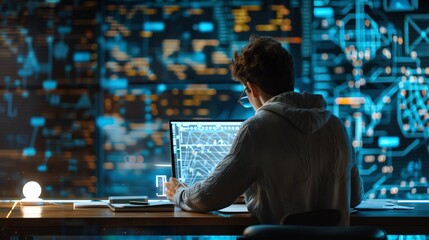 Man working on a computer with various data visualizations and graphs displayed on multiple screens, depicting data analysis and technology.