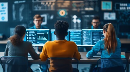 Team of programmers working in modern office, collaborating, analyzing data on computers, developing code for innovative software solutions.