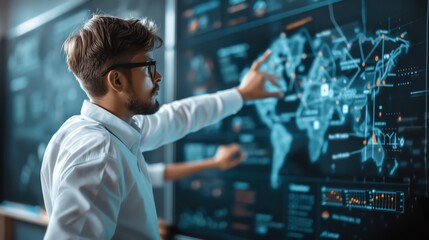 Business professional analyzing global data on a digital screen in a modern office setting, focusing on international business trends.