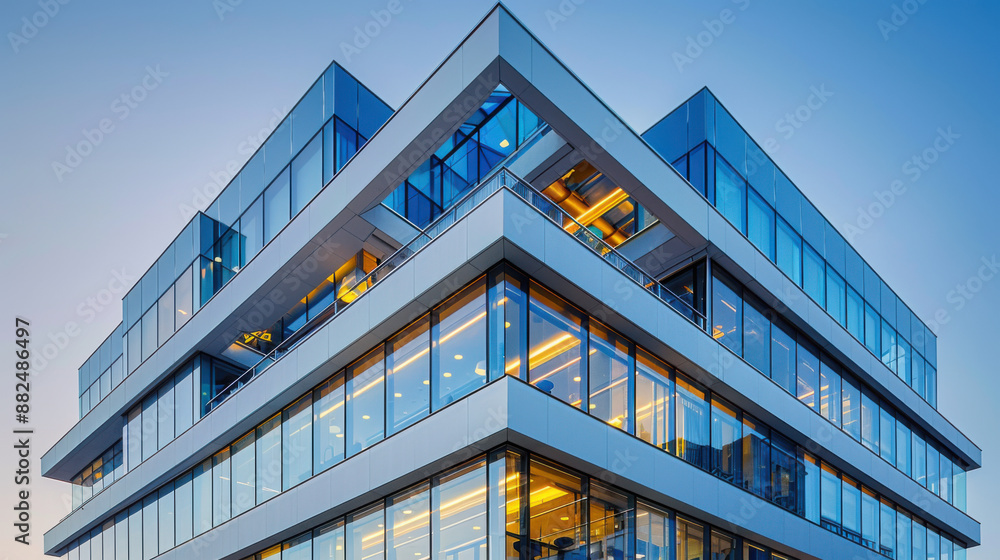Aufkleber angular modern office building with extensive glass windows, beautifully illuminated from within, se