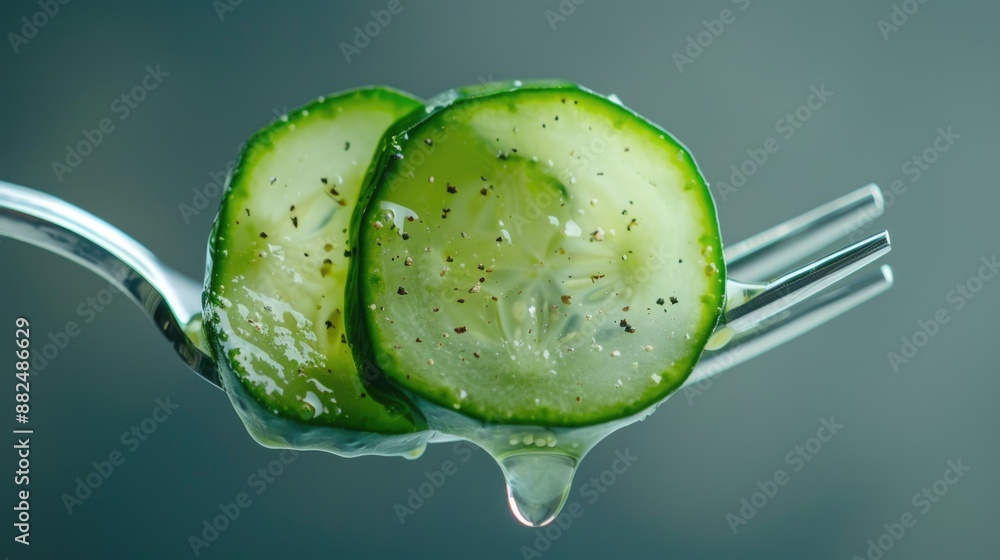 Poster a fork with two slices of fresh cucumber on it, perfect for a healthy snack or meal