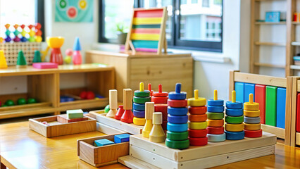 Colorful wooden toys in children's room, close-up.