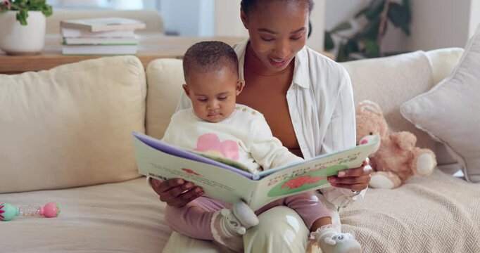 Mom, baby and reading in lounge for books, fantasy or fun and development for motor skills in home. Woman, storytelling and child in living room for weekend and together for support, love and growth
