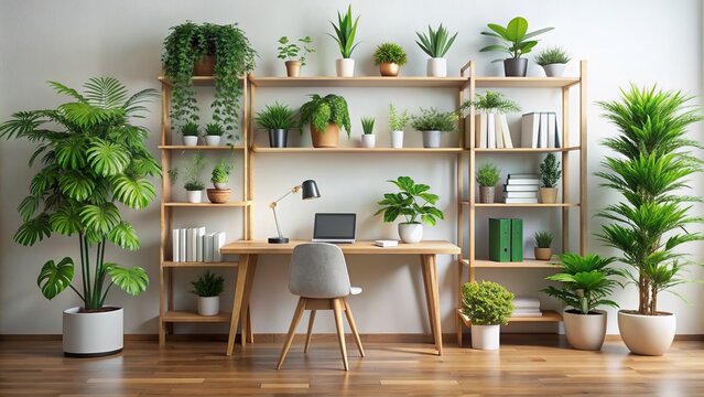 Cozy minimalist workspace setup with decorative bookshelf adorned with lush green plants against a clean white background backdrop.
