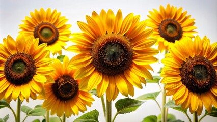 Fototapeta premium Vibrant yellow sunflowers with dark centers stand tall against a clean white background, their bright petals shining with warm optimism.
