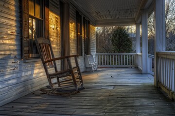 Rocking chair sitting on the front porch of a house, perfect for relaxing or reading a book