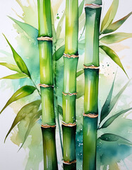 Fototapeta premium Watercolor bamboo stalks, vibrant green hues, delicate leaves, blue background