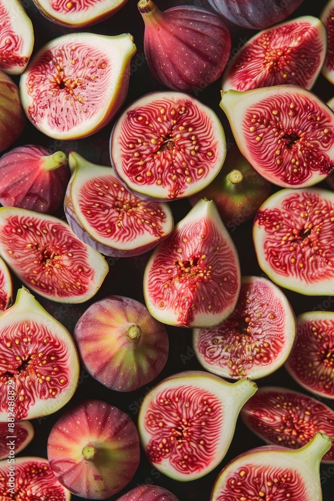 Poster close-up shot of a cluster of fresh figs arranged on a wooden table