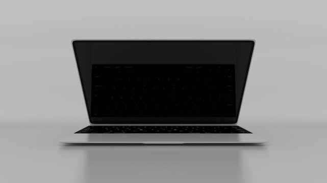 Laptop opens green screen display and zoom in on a white background. Empty green screen mock-up monitor for video call, website template presentation or game