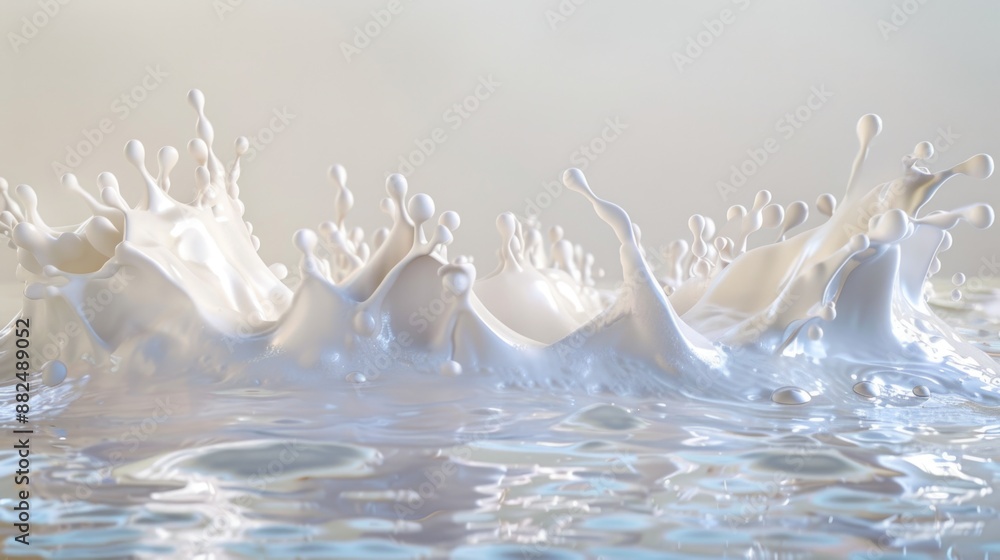 Poster a close-up view of a splash of milk on the surface of a table, with the liquid forming droplets and 