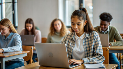 Fototapeta premium Diverse group of students using laptop computer in a classroom at school