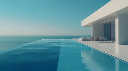 Fototapeta premium Modern minimalist sustainable house with a clear blue pool with sleek white walls, and a serene sky backdrop. 