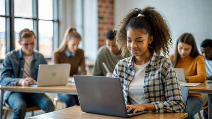 Young african american woman working on laptop at desk in office