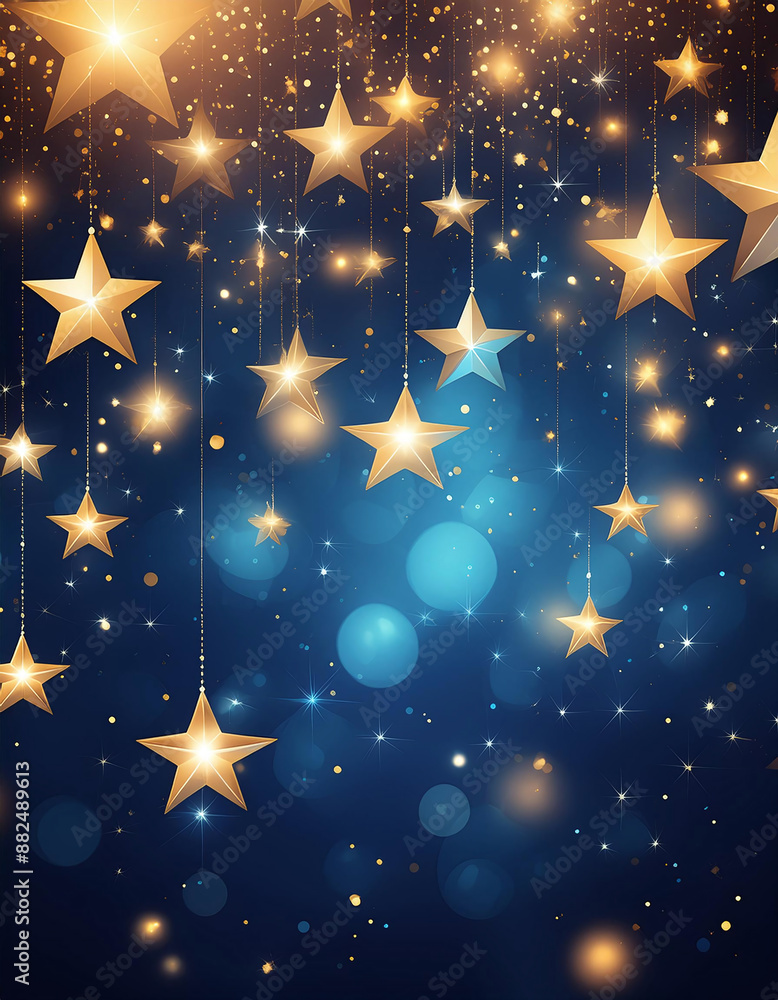 Poster golden stars dangle on strings against a dark blue background, creating a festive atmosphere